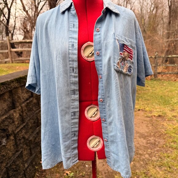 Vintage Northern Reflections Denim Teddy Flag Button Shirt - Picture 4 of 8